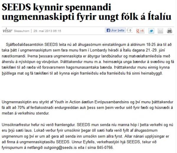 Visir.is: SEEDS kynnir spennandi ungmennaskipti fyrir ungt fólk á Ítalíu