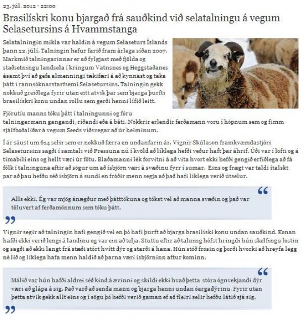 Pressan.is - SEEDS taka þátt í selatalningu: brasilískri konu bjargað frá sauðkind